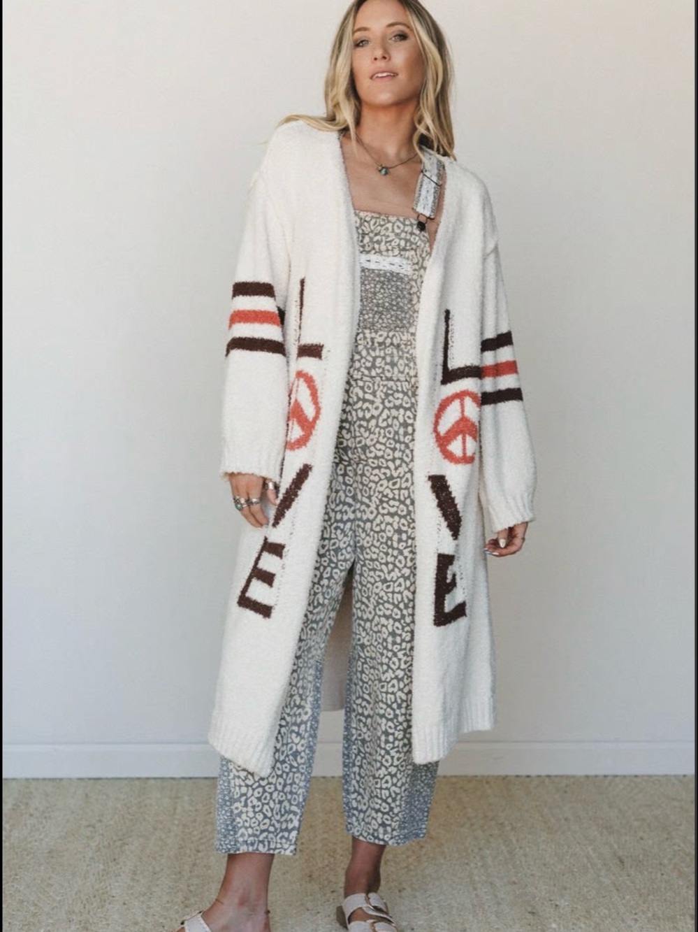 POL Ivory Long Open-Front Cardigan with Brown and Coral Accents - Picture 4 of 4